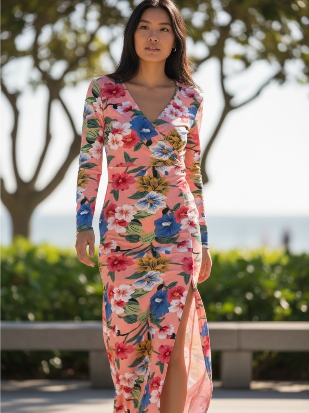 Capella size medium Floral Pink Maxi Dress with Side Slit